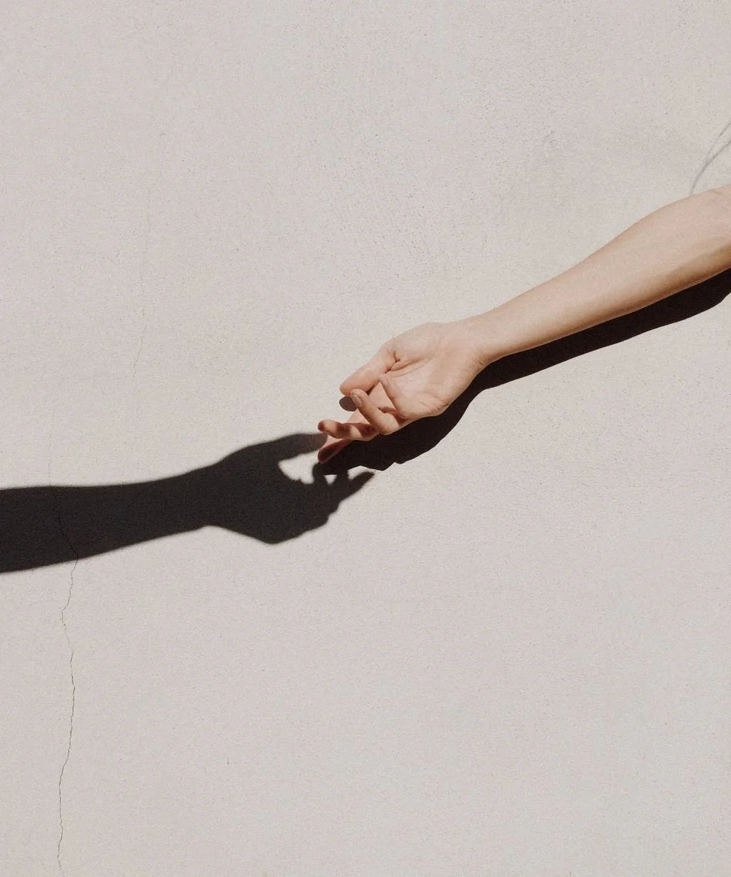 A hand reaching out, casting a shadow on a pale wall