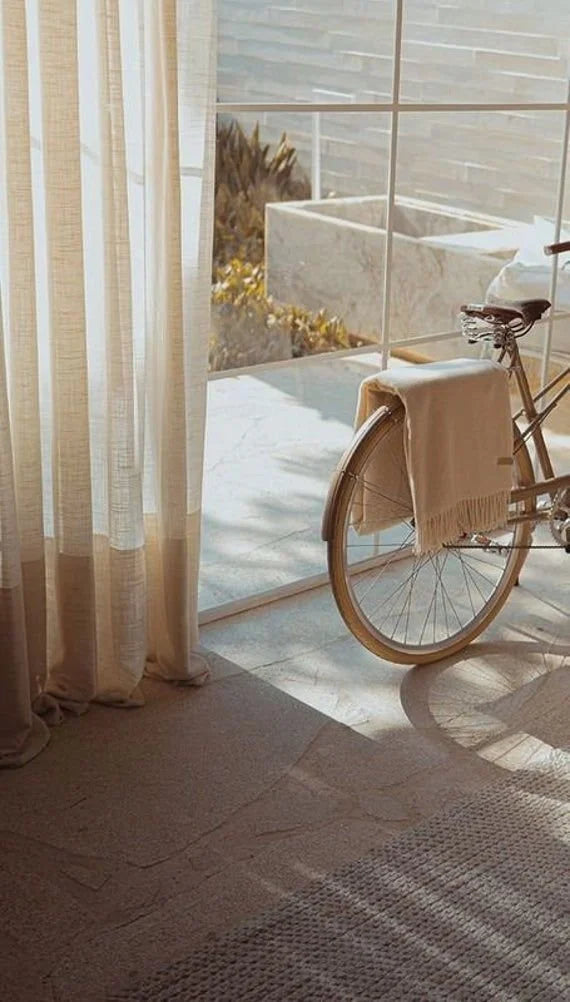 A bicycle with a basket parked by a sunny window