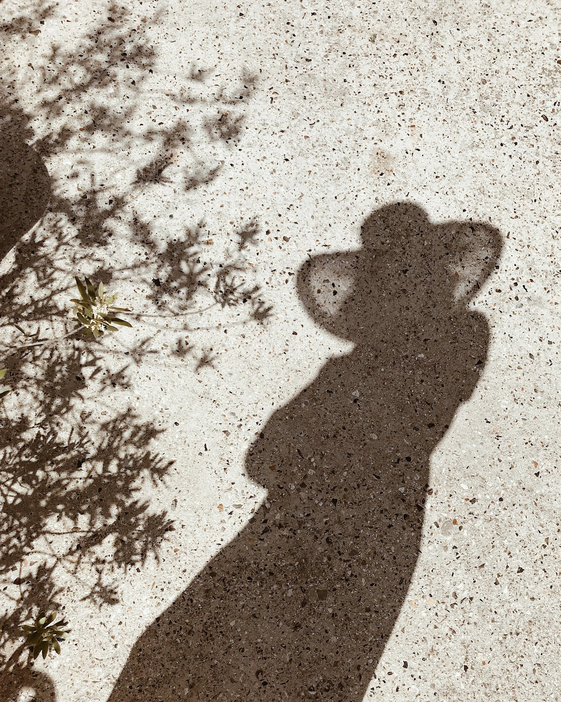 The shadow of a woman in a sun hat on a stone path