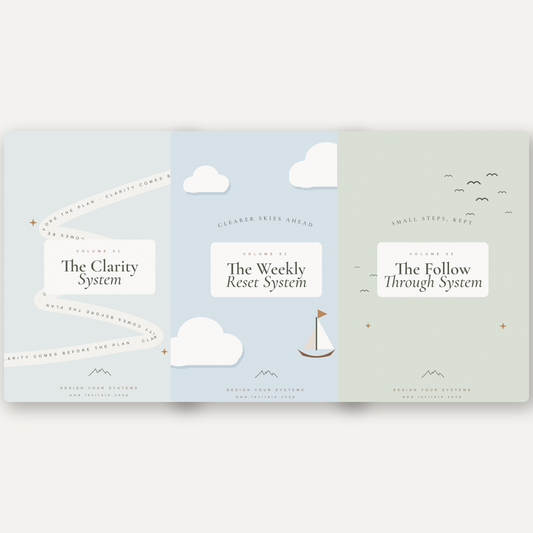 The three Systems Kit volumes side by side: The Clarity System, The Weekly Reset System, The Follow Through System
